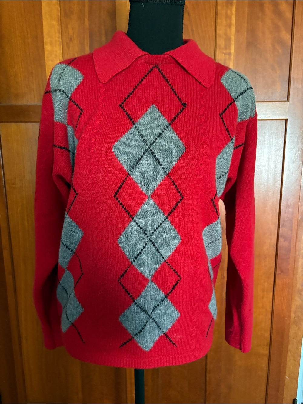 Vintage Anne Klein Red Argyle Removable Button Collar Sweater